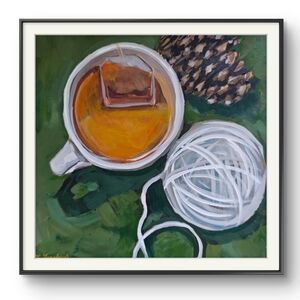 Original Still Life Painting with Tea and Yarn Design